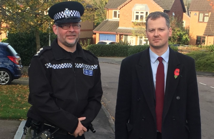 Neil O’Brien conducting a patrol of the Oadby area with the head of the local police, Inspector Mike Cawley.